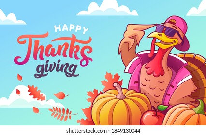 Happy thanksgiving. Vector banner for web. Cool turkey in glasses and cap among pumpkins and apples. Poster with turkey, vegetables, autumn leaves and lettering. Autumn background with flying leaves.