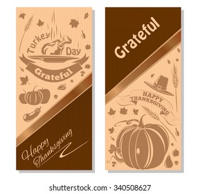Happy Thanksgiving. Vector beige background with symbols of Thanksgiving Day - pumpkin, turkey, leaf litter, vegetables, pilgrim hat.