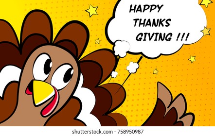 Happy Thanksgiving vector card with cartoon turkey. Comics style.