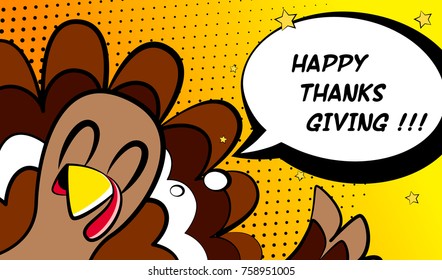 Happy Thanksgiving vector card with cartoon turkey. Comics style.