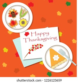 Happy Thanksgiving Vector Card decorated with berries, pumpkin pie, thanksgiving theme cookies, and colourful amtumn leaves as background.