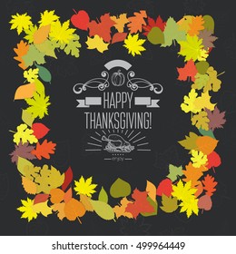Happy Thanksgiving vector card with decorative elements on dark black background with colorful leaves for your design project. Badge with hand drawn elements, fried turkey, pumpkin, decorative swirls
