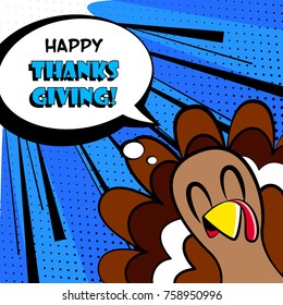 Happy Thanksgiving vector card with turkey on blue background. Comics style.