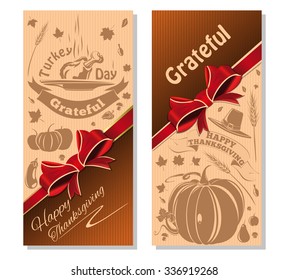Happy Thanksgiving. Vector festive beige background with red ribbon and bow.