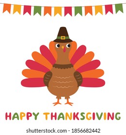 Happy Thanksgiving vector greeting card with a cartoon turkey