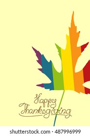 Happy thanksgiving vector greetings card illustration with maple leaf of rainbow gay flag colored