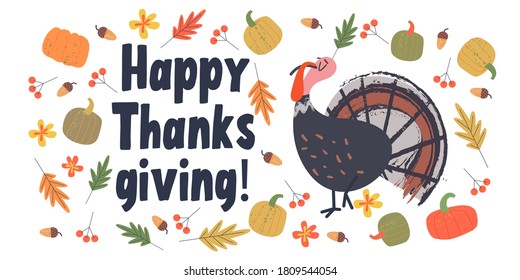 Happy thanksgiving. Vector illustration with a funny Turkey.