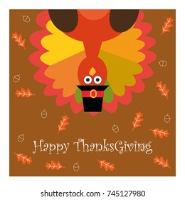 Happy Thanksgiving. Vector illustration. Greeting card with funny cartoon turkey