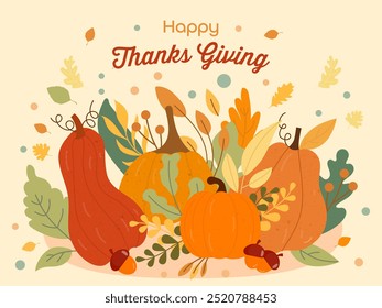 Happy Thanksgiving Vector illustration with pumpkin, leaves and many other background elements Flat cartoon hand drawn templates