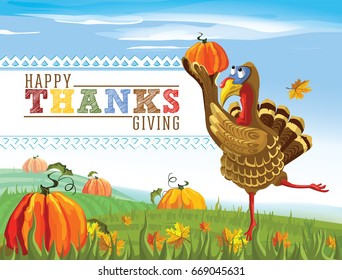 Happy Thanksgiving. Vector illustration with pumpkin, fallen leaves, turkey on the background of autumn rural landscape.