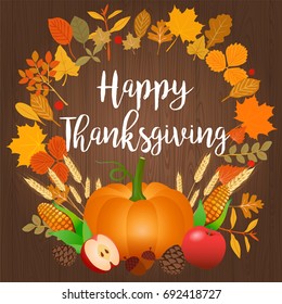 Happy Thanksgiving vector illustration with pumpkin, apples, wheat, autumn leaves, corn, cones, acorns on dark wooden background