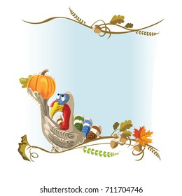 Happy Thanksgiving. Vector illustration with pumpkin, fallen leaves, turkey on white background.