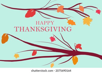Happy thanksgiving vector illustration with tree branches and colorful leaves on a blue background. Vector illustration. Thanksgiving illustration. Thanksgiving card.