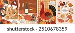 Happy Thanksgiving. Vector illustration of turkey, festive family dinner or lunch with friends at table with food, pumpkin, icons for greeting card, party invitation, background or poster