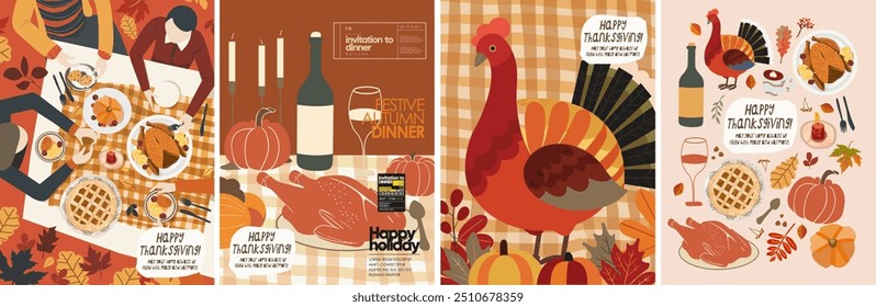 Happy Thanksgiving. Vector illustration of turkey, festive family dinner or lunch with friends at table with food, pumpkin, icons for greeting card, party invitation, background or poster