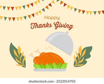 Happy Thanksgiving Vector Illustration with Turkey Bird. Leaves and Many Others Elements Background Flat Cartoon Hand Drawn Templates