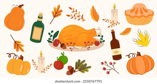 Happy Thanksgiving. Vector illustration of turkey meat, food, wine, pie, autumn leaf, pumpkin, coffee, bagel, bun, set of icons for greeting card, party invitation or banner