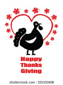 Happy Thanksgiving Vector Illustrations of Turkey silhouette in frame of heart and maple leaf fall. Black and red Typographic Greeting card in Vintage style for Thanksgiving Day. Isolated on white.