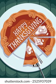 Fröhliches Thanksgiving-Vektorkuchenposter. Thanksgiving köstlicher Kürbiskuchen auf einem Teller mit "Happy Thanksgiving" darauf geschrieben. Perfekt für die Verwendung als Poster oder Postkarte	