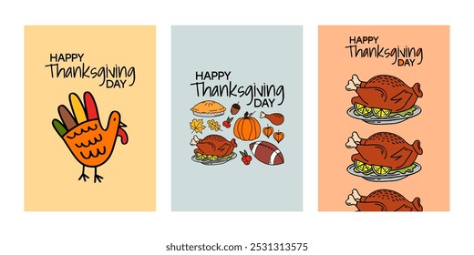 Happy Thanksgiving. Vector posters with turkey, pumpkins, pilgrim hat, autumn leaves, wine, pumpkin pie, corn, cranberry sauce. Thanksgiving day hand drawn vector backgrounds. November set