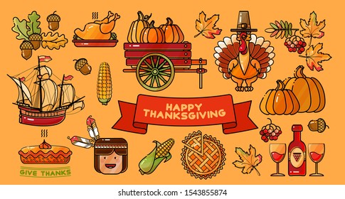 Happy Thanksgiving vector set of colorful cartoon icons. Collection traditional Fall and Thanksgiving elements. Pumpkin, turkey, corn, leaves, native american, sailboat and wheelbarrow with harvest.