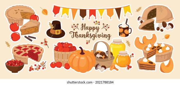 Happy Thanksgiving vector set. Pumpkin pie, apple, mushroom, berry pie, basket, honey, hat, latte. Stickers.