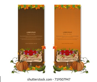 Happy Thanksgiving. Vertical banner set for Thanksgiving. Autumn background with free space for text. Autumn still life. Vector illustration