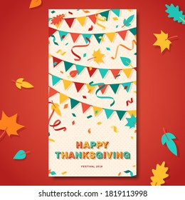 Happy Thanksgiving vertical card or banner with typography design. Vector illustration with retro light bulbs font, streamers, confetti and hanging flag garlands