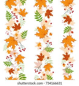 Happy thanksgiving vertical seamless background with leaves and Rowan branches. vector illustration