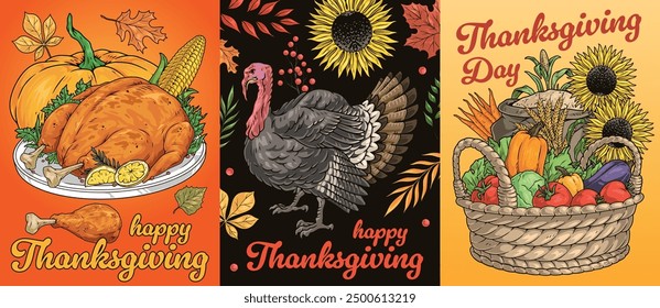 Happy Thanksgiving vintage flyer colorful with roast turkey for holiday table and harvest basket with sunflowers vector illustration