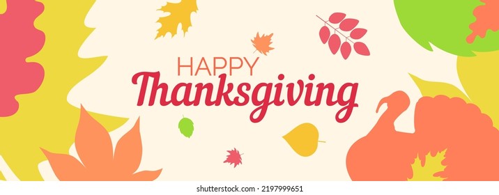 happy thanksgiving web banner   with turkey bird silhouette  autumn leaves on  vector illustration