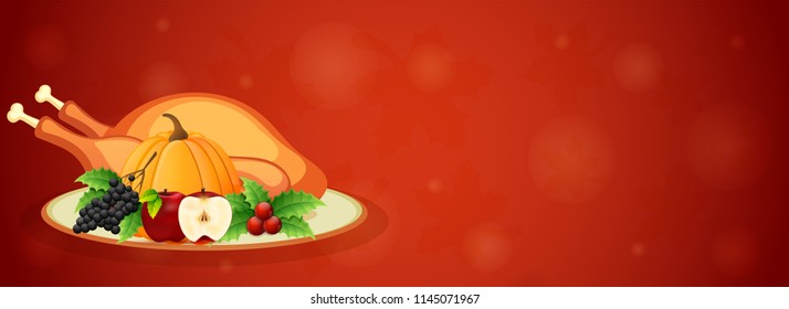 Happy Thanksgiving web herader or banner design. Fruit elements and chicken on plate with glossy red abstract background.