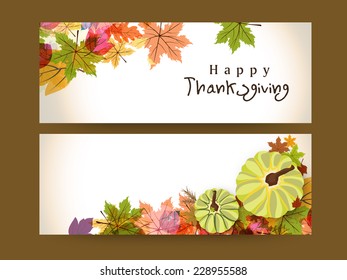 Happy Thanksgiving Website Header Or Banner With Maple Leaves And Pumpkin.