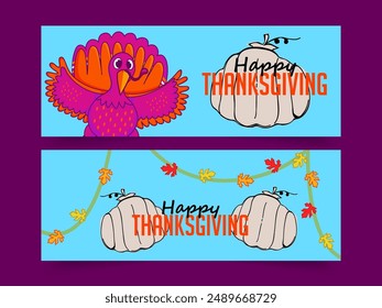 Happy Thanksgiving Website Header, Banner Design Set mit Cartoon Türkei Vogel Kürbis Illustration.