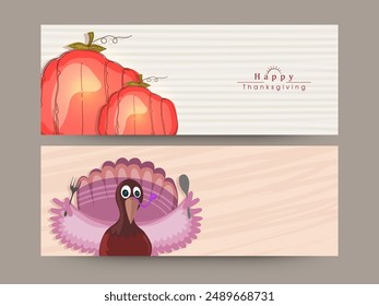 Happy Thanksgiving Website Header, Banner Design Set mit Cartoon Türkei Vogel Holding Löffel und Kürbis Illustration.