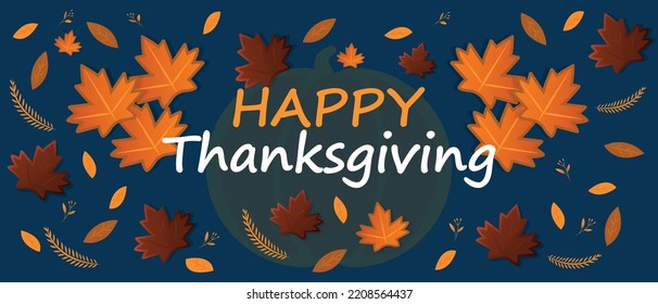 Happy Thanksgiving wish banner written with elegant calligraphic script and decorated by fallen autumn foliage. Colorful seasonal vector illustration in flat style for holiday card