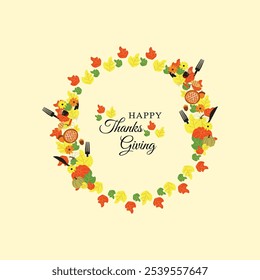  Happy Thanksgiving wreath design with dinner dishes , maple leaves for poster, banners, greeting cards .
