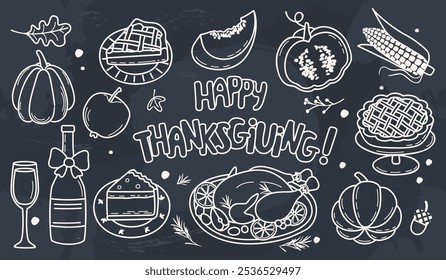 Feliz acción de gracias. Anuncio blanco y negro con pavo asado, entero y en rodajas ​​calabaza, maíz, manzana, tartas, botella y copa de wine.Set de objetos lineales y texto escrito a mano.Diseño gráfico de Vector 
