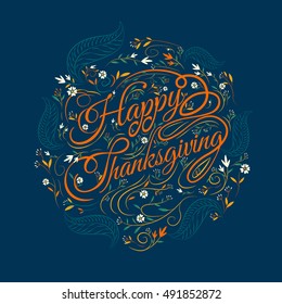 Happy  Thanksgiving,caligraphy Font, Autumn , Leaves Background, Vector Illustration