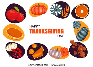 Happy Thanksgiving.Design of a festive banner, website.Background with pumpkins, acorns, mountain ash, pumpkin pie, apples and other autumn elements.