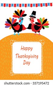 Happy Thanksgivings  vector illustration - two cartoon of turkey bird as native american and pilgrim shake hands (wings). Orange autumn hill ans flags. Flat Thanksgiving greeting card,poster, banner.