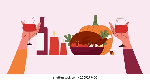 Happy Thanksgiving.Vector Cartoon Illustration Of Thanksgiving Day.Autumn Dinner Roast Turkey, Wine, Pumpkin, Vegetables.Harvest Festival.For Banners, Cards, Posters And Invitations.Vector Design.