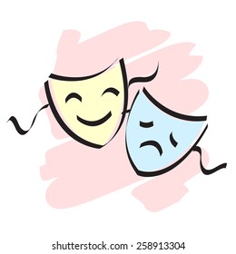 Happy and theater mask / faces isolated on white background