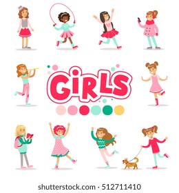 Happy And Their Expected Classic Behavior With Girly Games And Pink Dresses Set Of Traditional Female Kid Role Illustrations