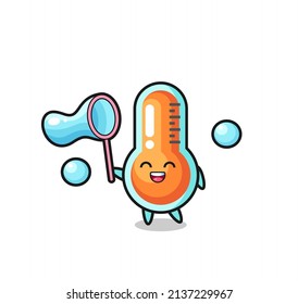dibujos animados del termómetro feliz que juegan a la burbuja del jabón , diseño de estilo lindo para camiseta, pegatina, elemento del logotipo