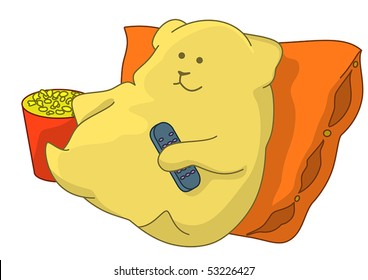 Happy thick televiewer with popcorn, with the panel in a hand, laying on a cushion