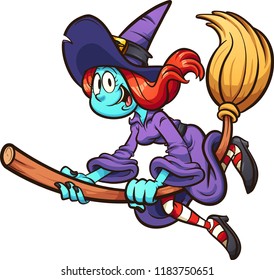 Happy thin cartoon witch flying on her broom. Vector clip art illustration with simple gradients. All in single layer. 
