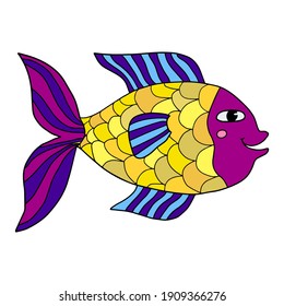 Happy thin line cute cartoon doodle fish. Hand drawn cheerful tropical aquarium animal. Icon isolated on white background.  