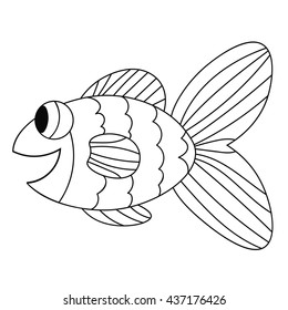 Happy thin line cute cartoon doodle fish. Hand drawn cheerful tropical aquarium animal. Icon isolated on white background. Vector illustration.