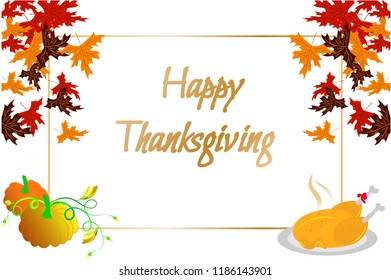 Happy thingsgiving, maple leaves, pumpkins, turkey, banner, flyer, thanksgiving designe, isolated on white: stock vector illustration